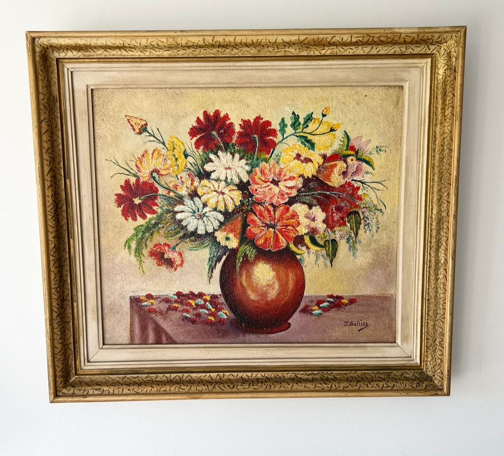 Antique French oil on board in wooden frame