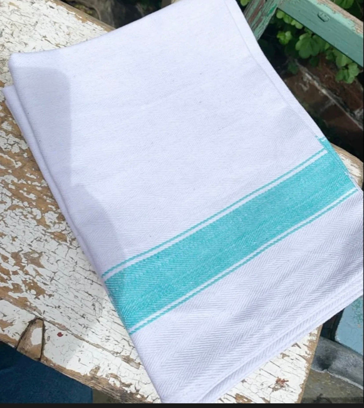 3 green striped tea towels - new