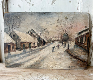 Charming snow scene oil on board